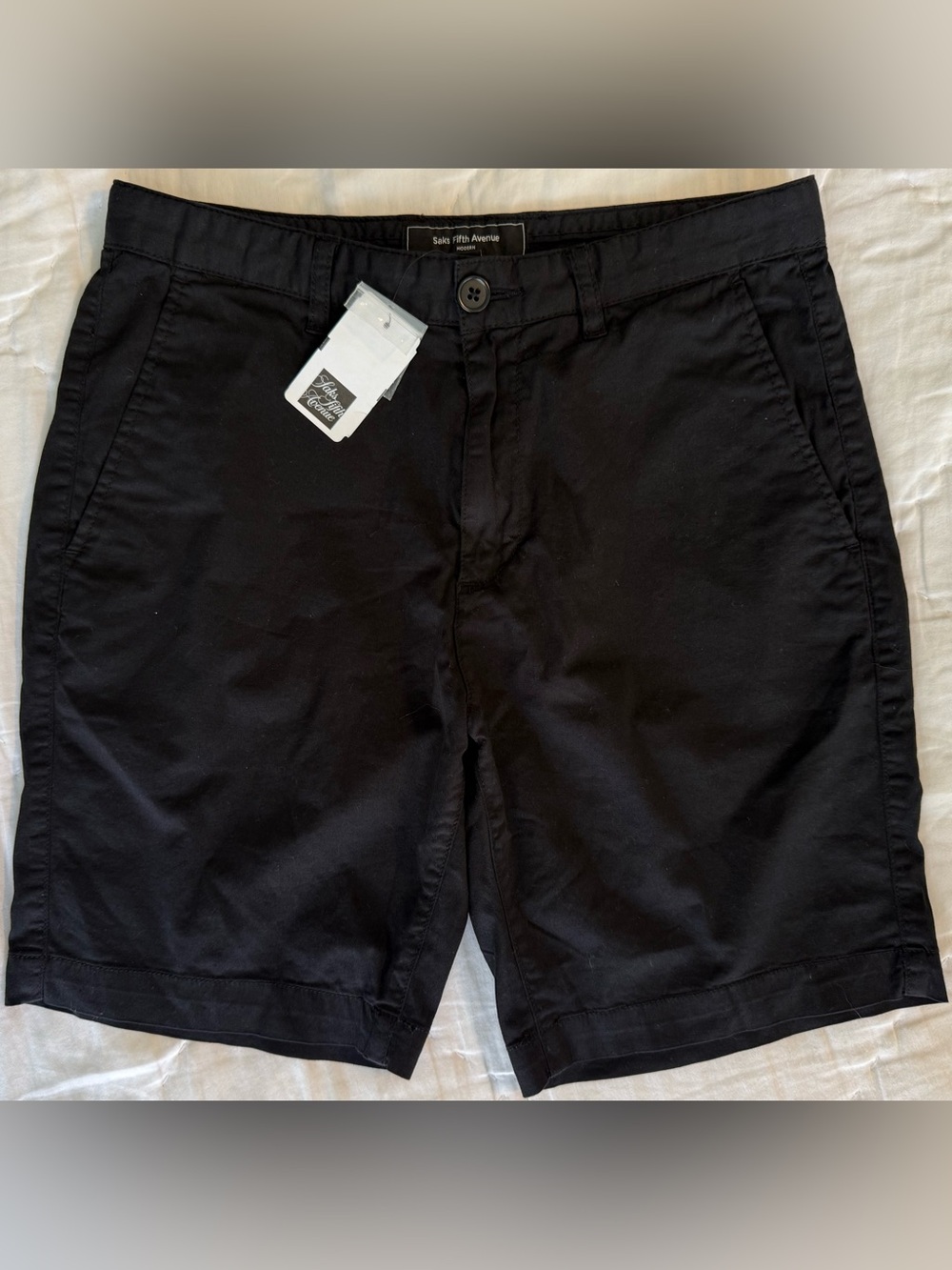 NWT Saks Fifth Avenue Mens 29 Black Stretch Chino Casual Shorts Flat Front